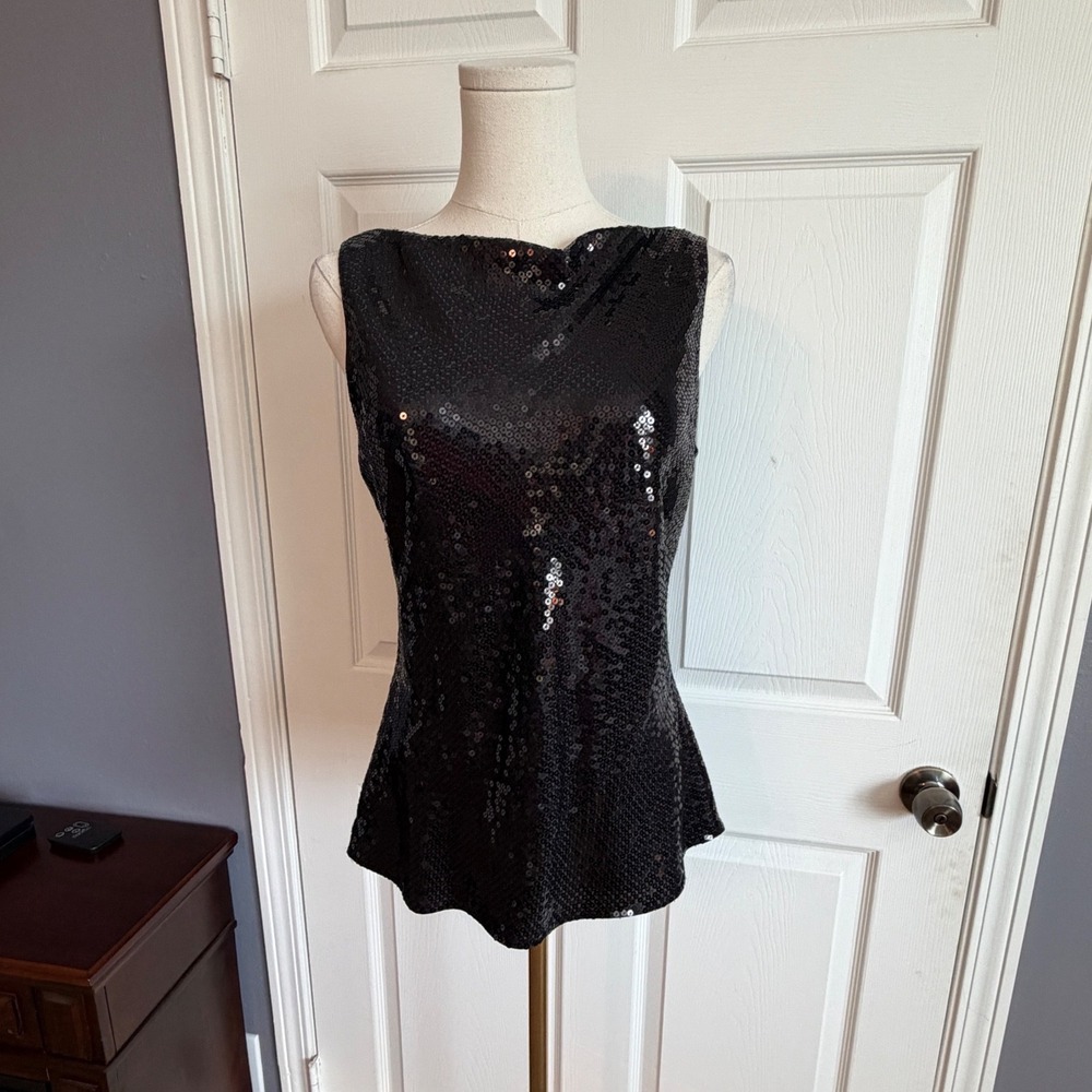 Ann Taylor Black Sequin Sleeveless Blouse Boat Neck Shimmer Evening Top Women 6